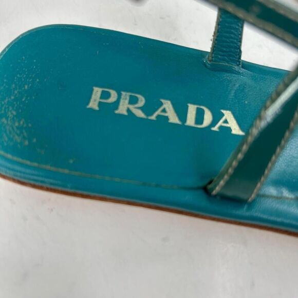 Prada Womens T-Strap Thong Sandals US 5 Turquoise Blue Flat Shoes Ankle Strap - Picture 10 of 11